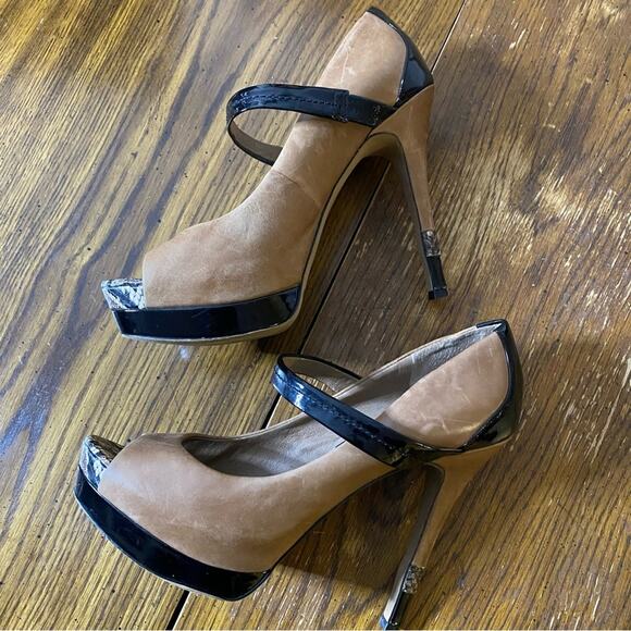 JESSICA SIMPSON Platform Heels Size 9B Brown Leather Black Patent Snakeskin Trim - Picture 8 of 11